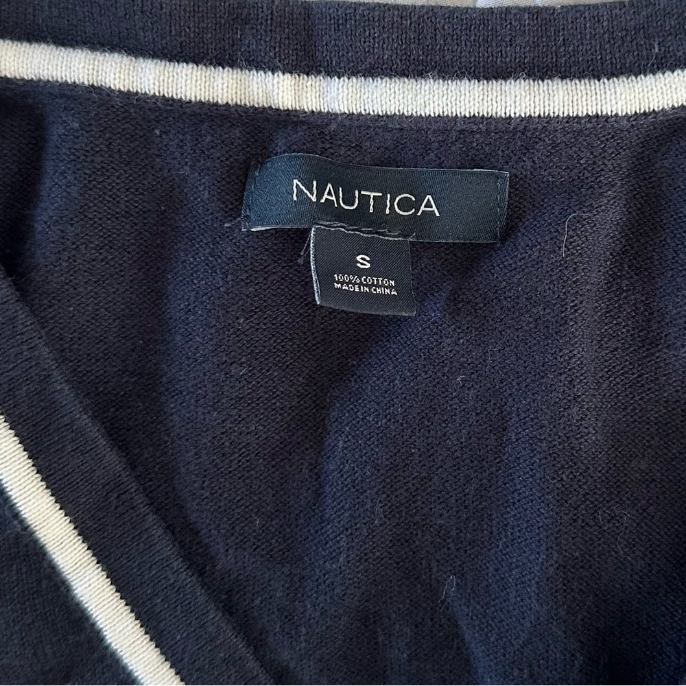 Women's Nautica Navy & White Striped V-Neck Cotton Sweater | Size Small - Picture 3 of 4